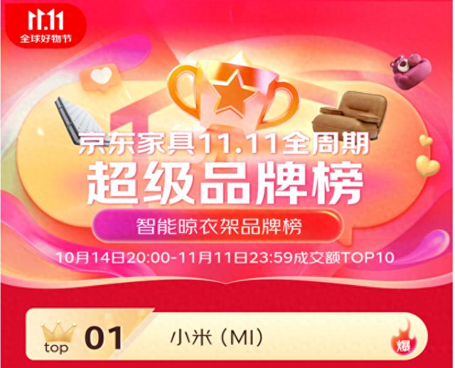 米家智能晾衣机双11京东成交额TOP1凯发K8国际版6大单品上榜 包揽金榜前三(图1)